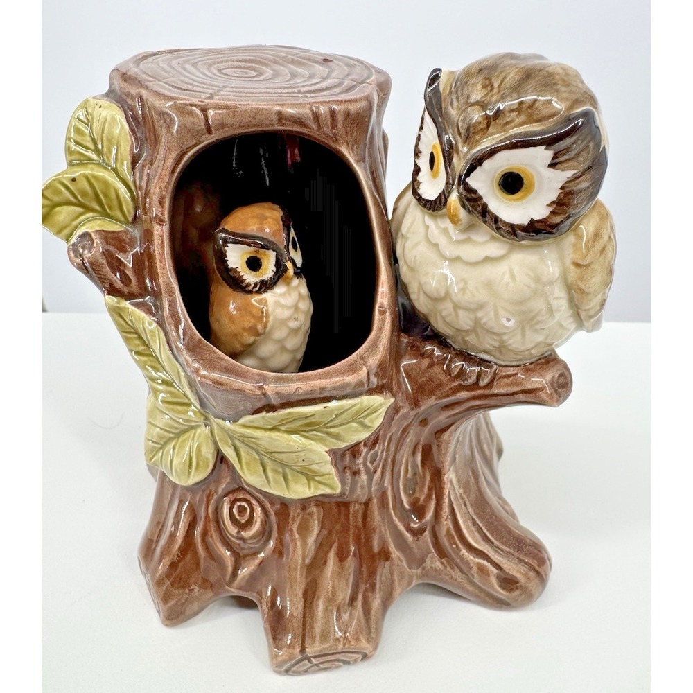 Music Box Owl‎ Otagiri Moving Ceramic Owl Tree Stump Japan Vintage